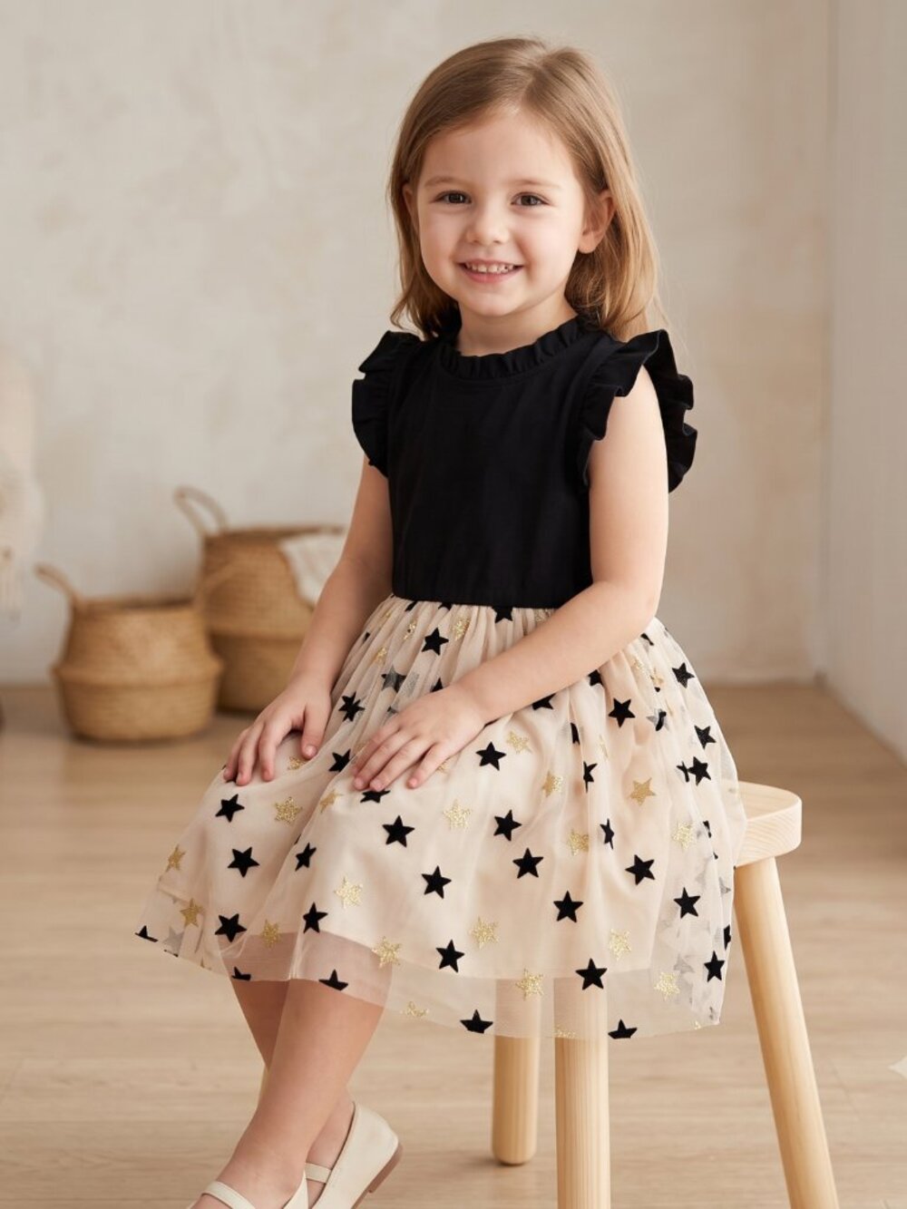 NWT Mioglrie Girls Black Gold Star Printed Tulle Tutu Ruffle Party Dress 4-5Y